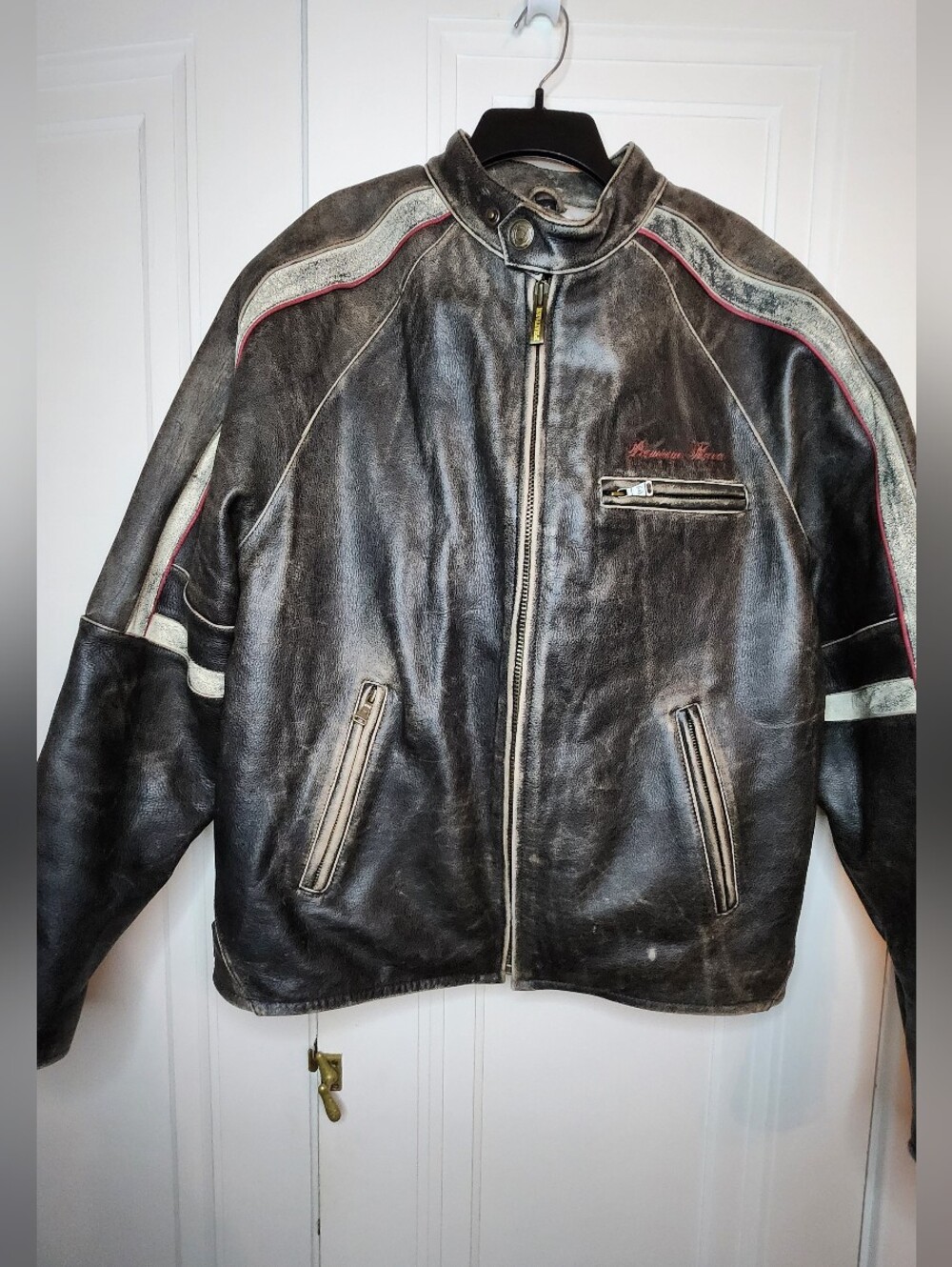 Vintage Phat Farm "Premium Flava" distressed leather motorcycle jacket Men's 3XL